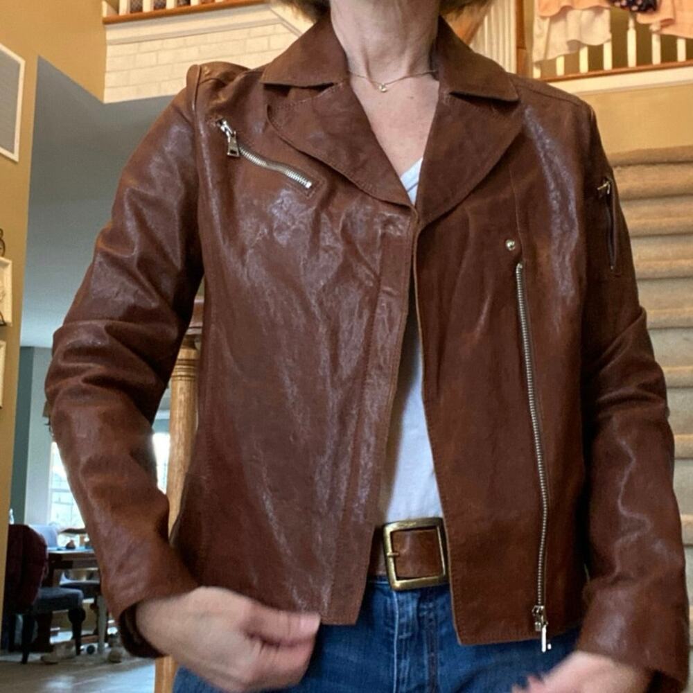 Andrew Marc NY $450 Leather Cocoa Brown Biker Jacket Womens Small EUC